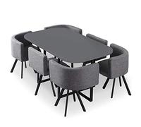 Menzzo Ensemble Table a Manger et Chaises Scandinaves Noir/Gris encastrable Lot de 6| Table Grise | Chaises Revêtement Tissu | Assise Moelleuse et Confortable | Modèle Oslo XL | L150 x P90 x H75 cm