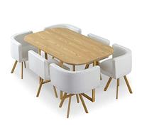 Menzzo Ensemble Table Oslo XL + 6 chaises - Plateau chêne Clair & chaises Simili Blanc, Table de Salle à Manger 150 × 90 × 75 cm, Design Contemporain pour 6 Personnes