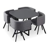 Menzzo f804blackgrey Table A Manger et Chaises Scandinaves Gris Encastrable | Table Grise | Chaises Revêtement Tissu Gris | Pieds Métal Noir | Assise moelleuse et Confortable | Oslo | L90 x P90 x H75 cm