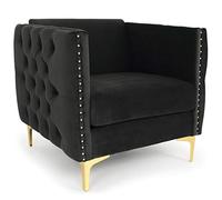 Menzzo Fauteuil capitonné Joshua - Velours Noir Chic, Assise Moelleuse, accoudoirs capitonnés et Clous décoratifs, Pieds métal doré, Fauteuil Moderne pour Salon