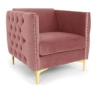 Menzzo Fauteuil Joshua en Velours Rose - avec accoudoirs capitonnésAssise Profonde & Moelleuse - Pieds métal doré - Salon, Chambre ou Bureau