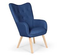 Menzzo Fauteuil Klarys en Tissu Bleu capitonné - Assise Confortable - Pieds en Bois Naturel - Design scandinave
