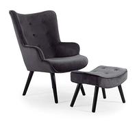 Menzzo Fauteuil + Pouf Scandinave LYLOU - Velours Noir - Siège Confortable avec Dossier Haut + Repose-Pieds - Style Nordique Moderne