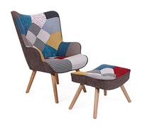 Menzzo Fauteuil Scandinave avec Pouf - Tissu Patchwork Multicolore - Design Nordique Confortable - Dossier Haut + Repose-Pieds Inclus - L70 x P77 x H98 cm, Hauteur Assise 42 cm