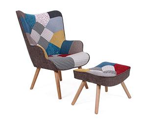 Menzzo Fauteuil Scandinave avec Pouf - Tissu Patchwork Multicolore - Design Nordique Confortable - Dossier Haut + Repose-Pieds Inclus - L70 x P77 x H98 cm, Hauteur Assise 42 cm