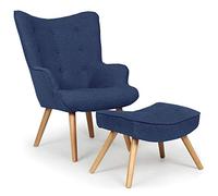 Menzzo Fauteuil Scandinave Bleu avec Pouf Repose Pied Salon | Revêtement Tissu | Pieds en Bois | Assise Moelleuse et Confortable | Modèle Lylou | L64 x P48 x H100 cm | Hauteur Assise 42 cm qh8901blue168024 108