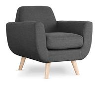 Menzzo Fauteuil scandinave Danube - Tissu Gris foncé - Pieds Bois Naturel - Fauteuil Lounge Moderne Confortable - Style Nordique - L67 x P78 x H86 cm