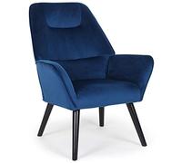 Menzzo Fauteuil scandinave Fox en Velours Bleu à Haut Dossier - Fauteuil Lounge Confortable - L80 x P85 x H105 cm