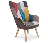 Menzzo Fauteuil scandinave Klarys - Fauteuil Patchwork Multicolore, Dossier capitonné et Pieds Bois, Fauteuil Design Nordique Confortable pour Salon ou Chambre