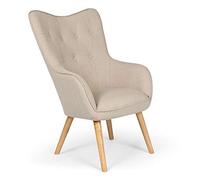 Menzzo Fauteuil Scandinave KLARYS Tissu Beige - Confortable à Haut Dossier Capitonné - Design Bois Naturel pour Salon, Chambre & Bureau