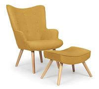 Menzzo Fauteuil Scandinave Lylou, Tissu Jaune Moutarde foncé avec Pouf Repose Pied Salon - Pieds en Bois - Assise Moelleuse et Confortable