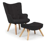 Menzzo Fauteuil Scandinave Noir avec Pouf Repose Pied Salon - Revêtement Tissu - Pieds en Bois - Assise Moelleuse et Confortable