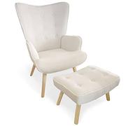 Menzzo Fauteuil scandinave + Pouf Lylou Tissu Bouclette lainée Crème