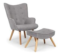 Menzzo Fauteuil scandinave + Pouf Lylou Tissu Gris Clair