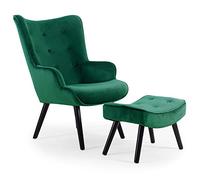 Menzzo Fauteuil Scandinave Vert avec Pouf Repose Pied Salon | Revêtement Velours | Pieds en Bois | Assise Moelleuse et Confortable | Modèle Lylou | L64 x P48 x H100 cm | Hauteur Assise 42 cm