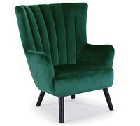 Menzzo Fauteuil scandinave Vidal - Velours Vert Doux, Dossier matelassé Confortable, Pieds en Bois Naturel - Style rétro-Moderne