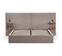 MENZZO Lit-coffre complet avec tablettes et ports USB intégrés Lukas 140x190cm Tissu Taupe clair - Tissu Lit : L218 x P207 x H110