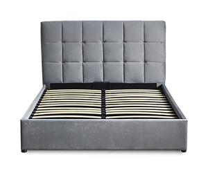Menzzo Lit Coffre LUFTANI 180x200 cm - Velours Argent - Sommier relevable avec Rangement - Tête de lit capitonnée - Lit Double Design Moderne