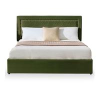 MENZZO Lit coffre Sandiego avec sommier relevable 140x200cm et tête de lit cloutée Velours Kaki - Velours Lit complet : L152 x P213