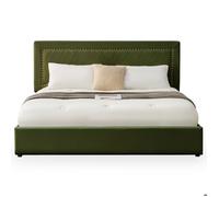 MENZZO Lit coffre Sandiego avec sommier relevable 180x200cm et tête de lit cloutée Velours Kaki - Velours Lit complet : L192 x P213