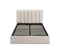 Menzzo Lit Coffre SONGE 140x190 cm - Sommier Relevable avec Rangements - Lit Double Design en Tissu Beige avec Tête de Lit Rembourrée Moderne