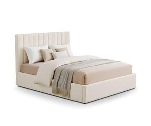 Menzzo Lit Coffre SONGE 180x200 cm - Tissu Bouclette Beige - Sommier relevable avec Rangement intégré - Lit Double Design Contemporain avec tête de lit rembourrée