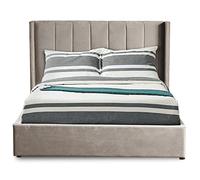 Menzzo Lit Double Magorial 180x200 cm avec sommier relevable - Lit Coffre Velours Taupe - Lit Design avec Rangement intégré et tête de lit capitonnée