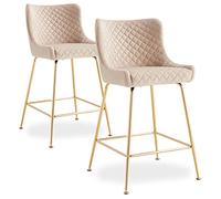 Menzzo Lot de 2 chaises de Bar Bellamy Velours Beige Pieds Or