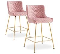 Menzzo Lot de 2 chaises de Bar Bellamy Velours Rose Pieds Or