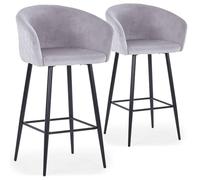 Menzzo Lot de 2 Chaises de Bar Bobby en Velours Argent, Assise Matelassée avec Dossier Rembourré, Pieds Métal Noir, Style Moderne Chic