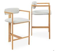 Menzzo Lot de 2 chaises de Bar Galilea - Métal Effet Bois Clair & Tissu Beige - Hauteur d’Assise 75 cm - Sièges de Bar Design pour Cuisine et îlot
