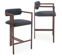 Menzzo Lot de 2 chaises de Bar Galilea - Métal Effet Bois foncé & Tissu Anthracite - H103 cm - Hauteur d’Assise 75 cm - Design Moderne