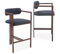 Menzzo Lot de 2 chaises de Bar Galilea - Métal Effet Bois foncé & Tissu Anthracite - H103 cm - Hauteur d’Assise 75 cm - Design Moderne