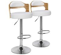 Menzzo Lot de 2 Chaises de Bar Ruben Chêne Clair/Assise Simili Cuir Blanc - Structure Bois et Métal - Style Moderne - Chaises Hautes de Cuisine et Bar