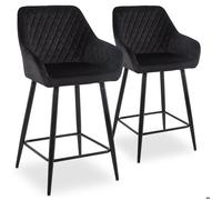 MENZZO Lot de 2 chaises de bar Veronika velours noir, dossier matelassé, pieds métal noir, H105 cm