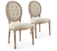 Menzzo – Lot de 2 chaises Médaillon Louis XVI – Bois patiné & Tissu capitonné beige