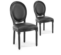 Menzzo Lot de 2 chaises médaillon Royale - Simili Cuir Noir & Bois Massif - Style Louis XVI Chic - Assise et Dossier capitonnés - L49 x P46 x H96 cm