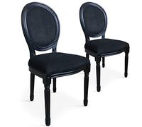Menzzo Lot de 2 chaises médaillon Royale - Velours Noir, Style Louis XVI, Assise et Dossier Matelassés, Bois Solide, Élégance Classique