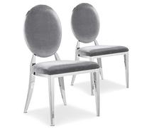 Menzzo Lot de 2 chaises médaillon Sofia Velours Argent - Chaise élégante Style Louis XVI Moderne - Assise & Dossier rembourrés - Pieds métal doré - Salle à Manger & déco