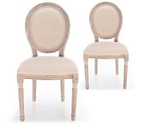 Menzzo Lot de 2 chaises médaillon Style Louis XVI - Tissu Beige Effet Lin, Bois patiné, Assise et Dossier rembourrés - chaises de Salle à Manger élégantes Vintage Chic