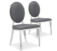 Menzzo Lot de 2 chaises Sofia Simili Gris - Dossier médaillon capitonné - Pieds métal Effet Miroir - Design Chic Moderne - L45 x P47 x H90 cm