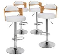 Menzzo Lot de 4 Chaises de Bar Ruben Chêne Clair & Simili Blanc - Tabourets Hauts Réglables avec Assise Confortable - Style Scandinave Moderne pour Cuisine, Îlot Central ou Comptoir - H90-110 cm