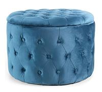 Menzzo Pouf Coffre Rond Salvina en Velours capitonné Bleu
