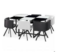MENZZO Table 90x150cm avec 6 sièges gain de place Mosaic XL Verre Noir/Blanc et Métal noir - table à manger Table : L150 x P90 x H75