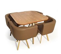 Menzzo Table A Manger + 4 chaises Encastrable Oslo Style scandinave - Table MDF Effet Chêne Clair - Chaises Revêtement Simili Taupe - Assise Moelleuse et Confortable - L90 x P90 x H75 cm
