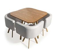 Menzzo Table A Manger et Chaises Scandinaves Blanc Encastrable | Table MDF Couleur Chêne Clair | Chaises Revêtement Simili Blanc| Pieds Métal Couleur Bois| Oslo | L90 x P90 x H75 cm