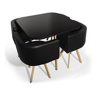 Menzzo Table A Manger et Chaises Scandinaves Noir Encastrable | Table Noire | Chaises Revêtement Simili Noir | Pieds Métal Couleur Bois| Assise Moelleuse et Confortable | Oslo | L90 x P90 x H75 cm