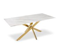 Menzzo Table à manger Naelle en verre effet marbre blanc, pieds dorés 180x90x75 cm – 6 personnes