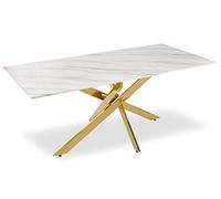Menzzo Table à manger Naelle en verre effet marbre blanc, pieds dorés 180x90x75 cm – 6 personnes