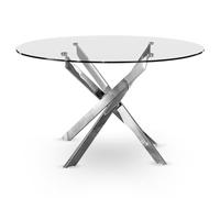 Menzzo Table à Manger Ronde Croisade en Verre et Chrome - Table de Salle à Manger Design Moderne pour 6 Personnes - Diamètre 130 cm - Pied Central chromé - L130 x P130 x H70 cm